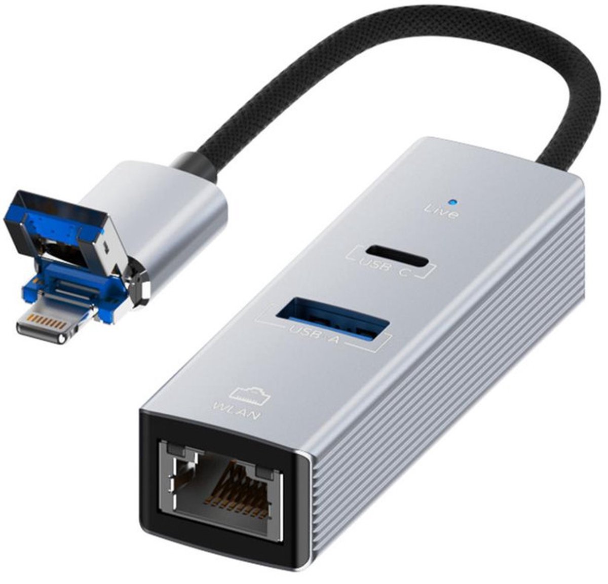 USB + 8-Pin naar USB-C Female + RJ45 Ethernet + USB-A Adapter – Multiport Converter voor iPhone, iPad en laptop - zilver