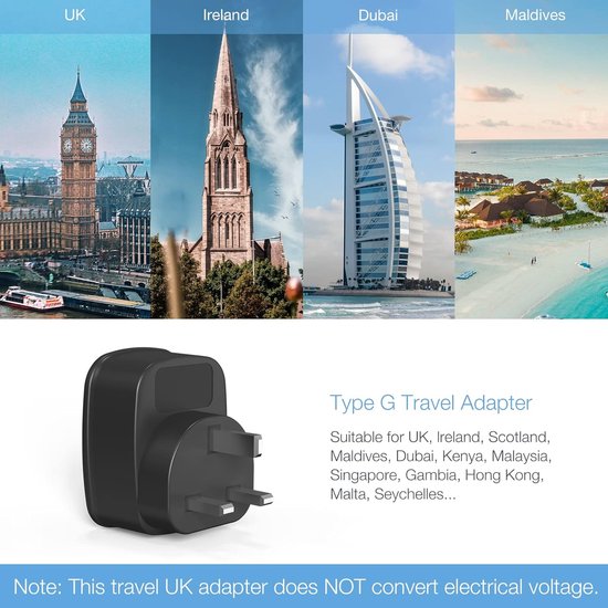Famanu Reisadapter Type G, Reisadapter UK Plug Adapter Engeland met 2 USB, Socket Adapter Reisstekker Power Adapter voor Ierland Verenigd Koninkrijk Mexico, Engeland Duitsland Plug Zwart
