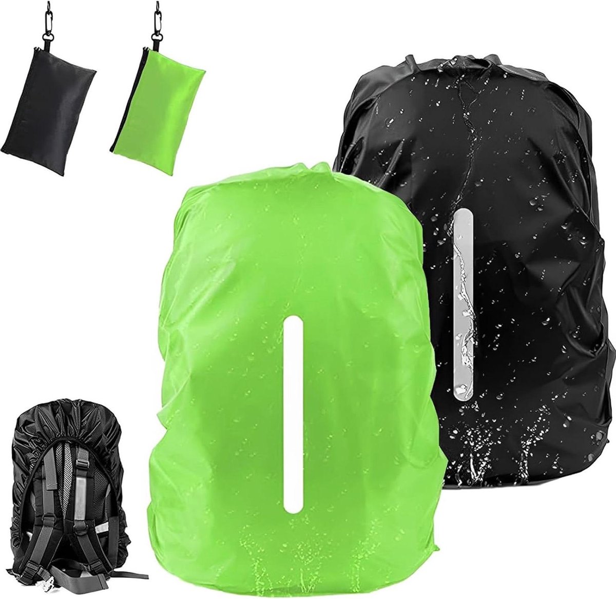Regenhoezen schooltas - beschermhoes met reflecterende strepen - 30-40 l - regenbescherming voor outdoor activiteiten - zwart + groen - wandelen - kamperen