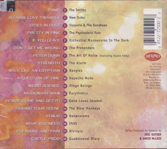 Achterkant cd-hoesje met de tracklist, de tekst "Rhino" en "Made in U.S.A.".