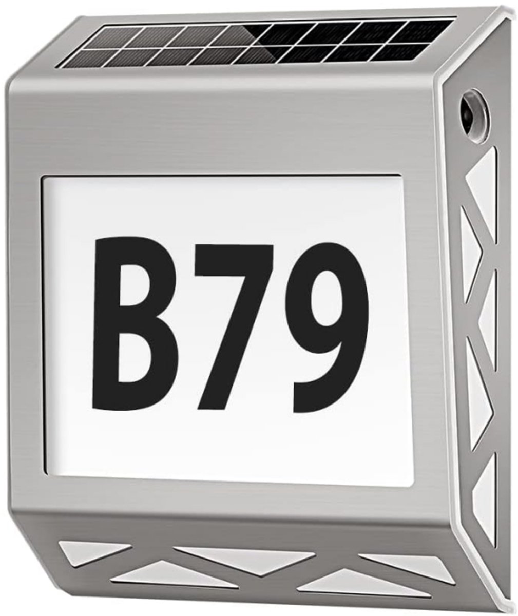 Lzwintrading Huisnummer Solar LED met Verlichting - Huisnummerbord van Roestvrij Staal RVS - Huisnummer Bordjes - Huisnummer Stickers - IP54 Waterdicht - Wandlamp Buiten - Zonne Energie Buitenverlichting - Huisnummer Zonne-Energie 0 1 2 3 4 5 6 7 8 9