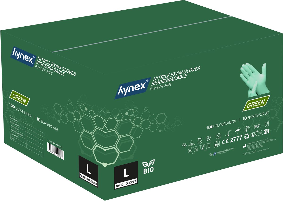 Hynex Biologisch Afbreekbare Nitril Handschoenen Groen – Maat L – 1000 Stuks – Poedervrij – Bio Degradable – Wegwerphandschoenen – Duurzaam
