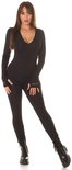 Zwarte Koucla jumpsuit met lange mouwen, V-hals, duimgaten en strakke pasvorm.