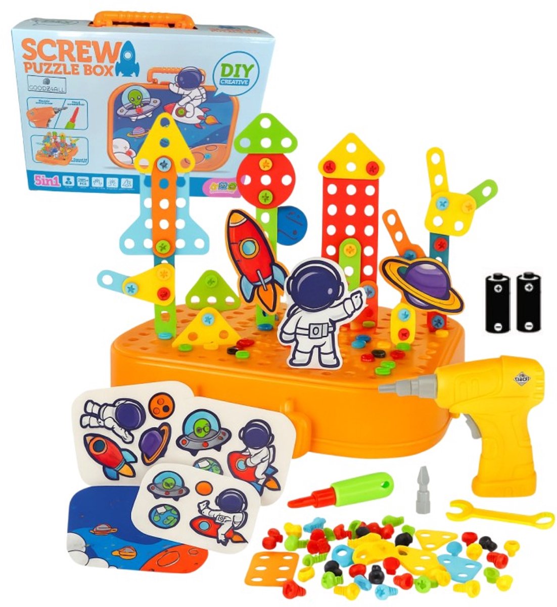 Goodz4All 287-Delig Astronaut Educatief Speelgoed Constructie-3D Puzzel met Batterijen - Bouwspeelgoed Elektrische Boor Schroefmachine - Speelgoed Gereedschapskoffer - Ruimte Thema