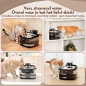 Grijze en oranje katten die drinken uit de zwarte waterfontein in verschillende interieursettings.