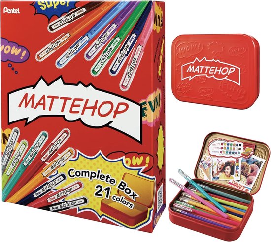 Pentel Mattehop complete set met 21 kleuren in een rode doos en metalen etui met pennen en foto's.