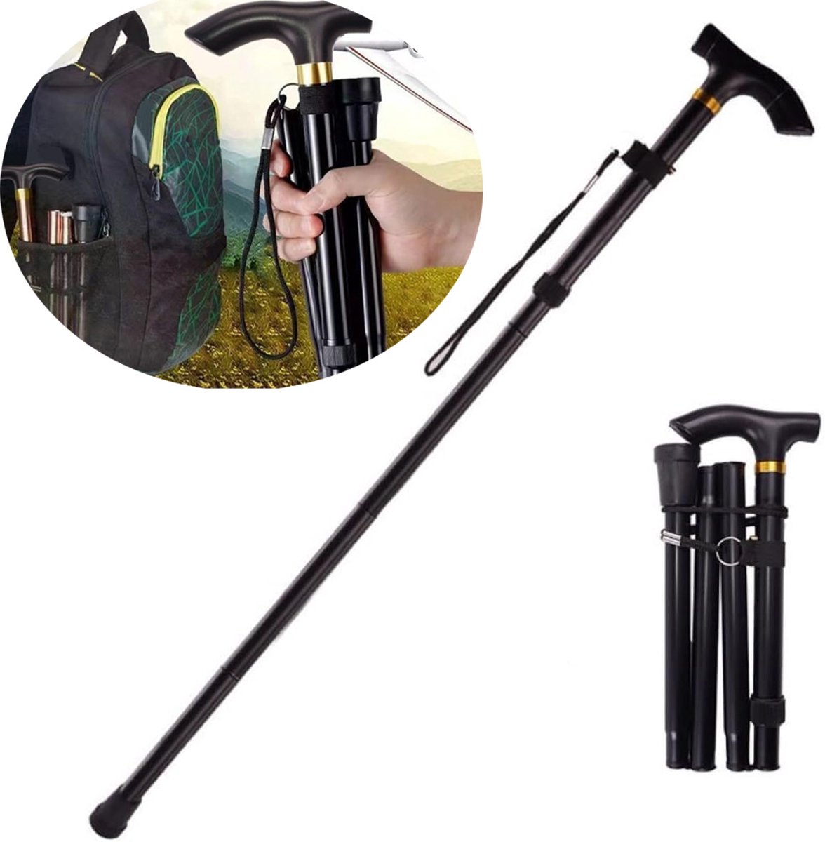 Trekkingstokken - Verstelbaar en Opvouwbaar - loopstok Ouderen - Walking Stokken - Verstelbaar - Opvouwbaar - Aluminium - Zwart - Voor Trekking, Walking, Outdoor