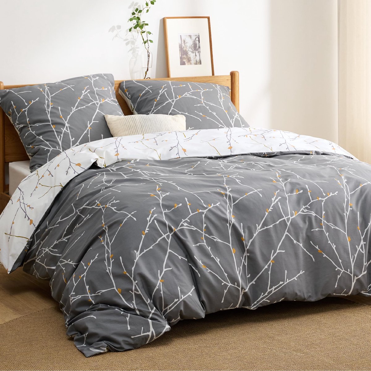Ibenzoa Beddengoedset van Katoen met Takkenpatroon en Verborgen Ritssluiting 220 x 240 cm grijs beige oranje