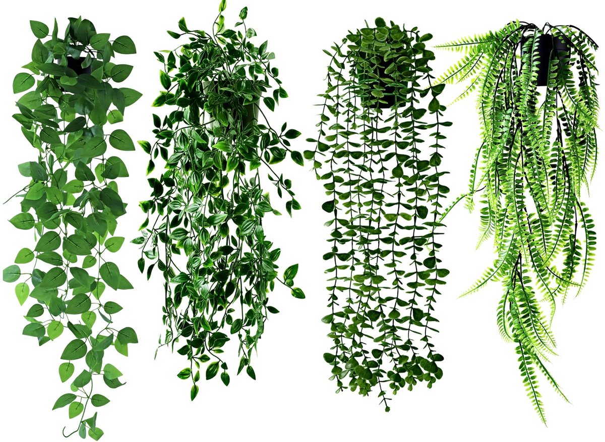 Ibenzoa® Kunsthangplanten Set van 4 voor Binnen en Buiten Decoratie - Eucalyptus, Mandala, Boston Varen en Pothos