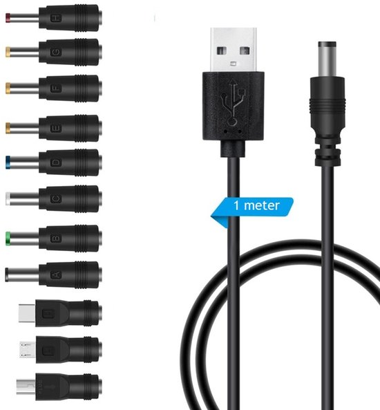 Câble d'alimentation USB DC 11 en 1 avec fiches interchangeables - Câble de charge Multi universel pour appareils 5 V - 1 mètre - USB vers DC / Type-C / Micro USB / Mini USB - 1 mètre - noir