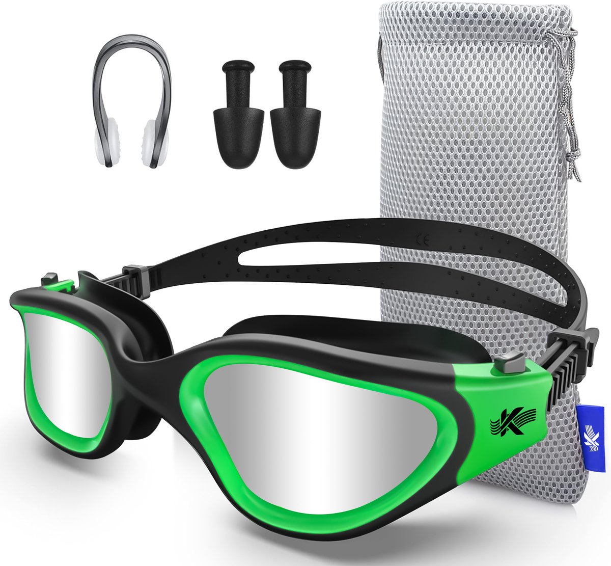 Kyrox Gepolariseerde Zwembril - Anti Condens - UV Bescherming - Inclusief Oordoppen en Neusklem - Duikbril - Verstelbare Band - Unisex - Zwembril volwassenen & kinderen - Groen