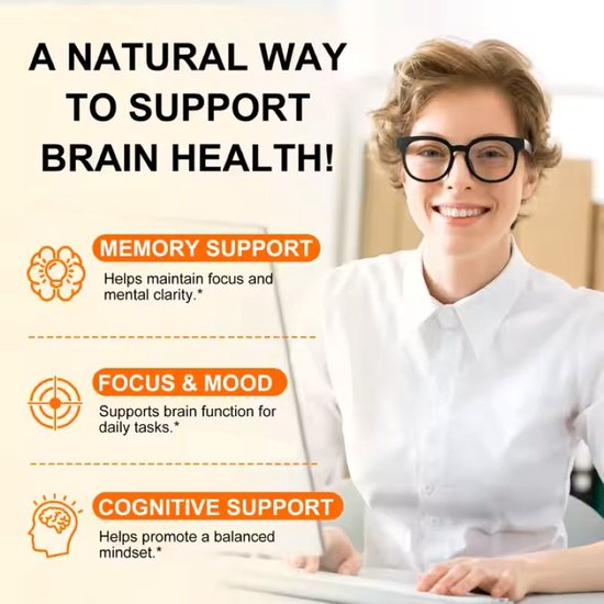 Vrouw met bril lacht terwijl ze naar een laptop kijkt. Iconen voor geheugen, focus en cognitieve ondersteuning. Natuurlijke manier voor hersengezondheid.