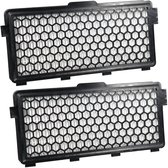 Twee zwarte stofzuigerfilters met honingraatpatroon.