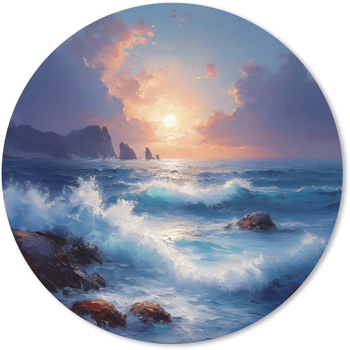 Muismat rond 20x20 cm - Mousepad Golven - Zee - Kleurrijk - Rotsen - Ronde muismatten