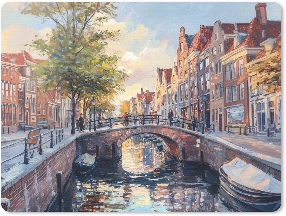 Muismat 23x19 cm - Mousepad Brug - Stad - Huizen - Boot - Muismatten