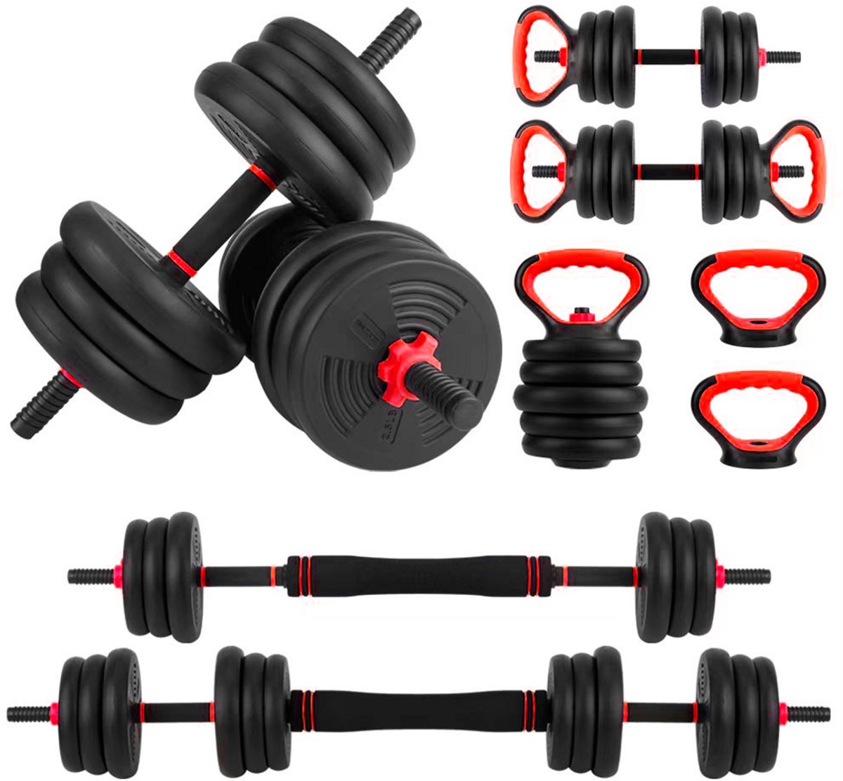 Mobiclinic Mobimax - Halterset - Paar halters 20kg - Verstelbaar (60-110 cm) - Dumbbell, Halterset & Kettlebell Set in 1 - 20 KG - Zwart en rood