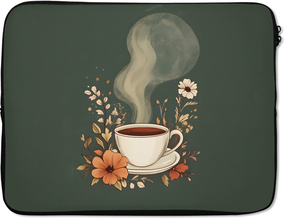 Laptophoes 15.6 inch - Kop - Bloemen - Groen - Koffie - Laptop sleeve - Binnenmaat 37x26 cm - Zwarte achterkant
