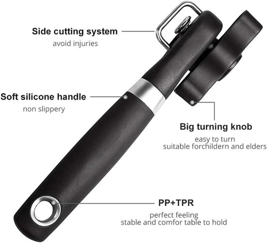 Zwarte blikopener met ergonomisch handvat, groot draaiknop en zijsnijsysteem.