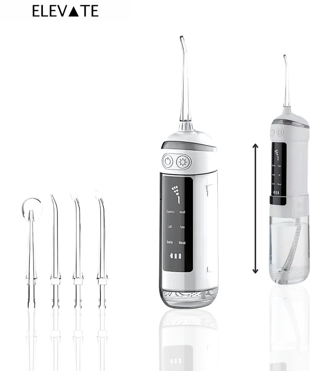 ELEVATE Draadloze Waterflosser – Oplaadbaar met USB-C – 6 Standen – IPX7 Waterdicht – 180ml – Tot 50 Dagen Batterij – Inclusief 4 Opzetstukken – Voor Gezond Tandvlees en Wittere Tanden