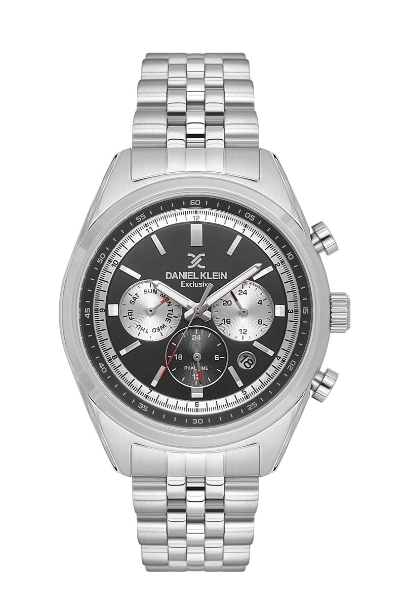 Daniel Klein DK.1.13976-1 - Horloge - Polshorloge - Analoog - Mannen - Heren - stalen band - Rond - Metaal - Streepjes - Datumaanduiding - 12-24 - Dualtime - Chrono - Zilverkleurig - Zwart - Rood