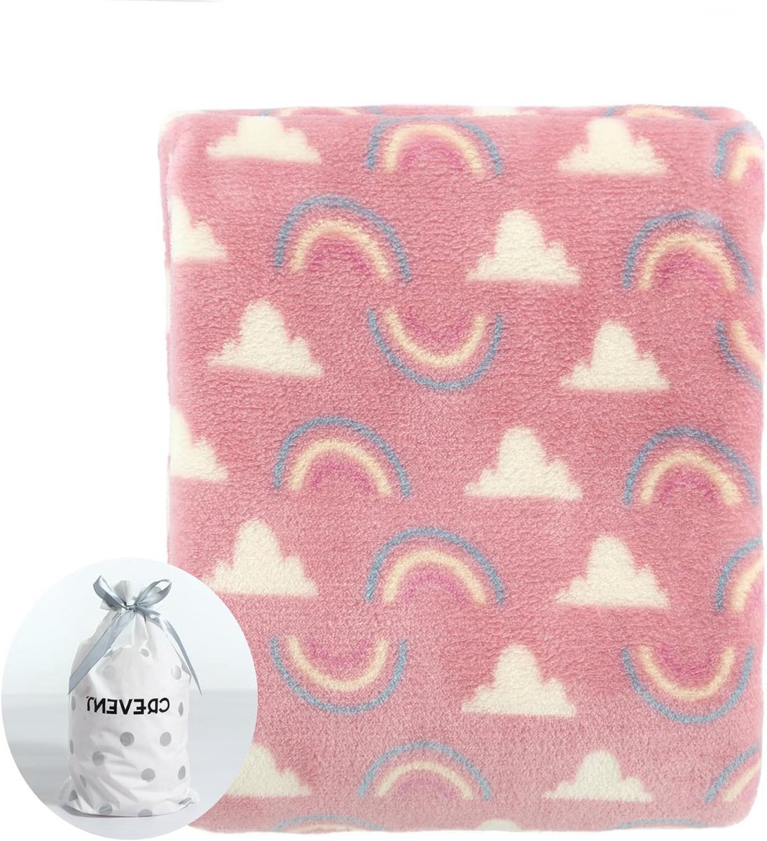JGS Premium - Gezellig warm fleece babywiegdeken voor peuter wieg en kinderwagen - Koraalrood regenboogpatroon - 75 x 100cm