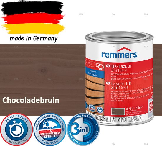 Remmers HK Lazuur 3-in-1 [plus] Chocoladebruin - Premium Houtbeits voor Buiten | Transparant, Sneldrogend, Oplosmiddelarm | 0,75Liter