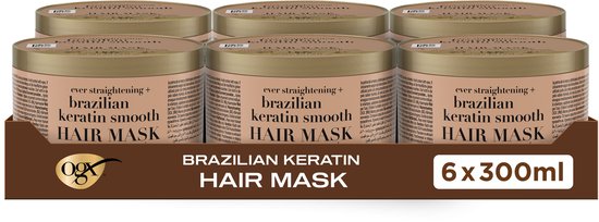 OGX Braziliaanse Keratine Haarmasker - Altijd Steil & Glad - Intens Gladmakend Masker met Keratine & Cacaoboter voor Pluizig Haar - 6x300 ml
