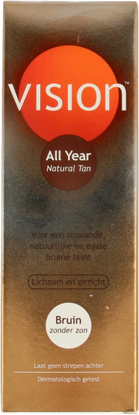 Verpakking Vision All Year Natural Tan. Voor een stralende, natuurlijke, egale bruine teint zonder zon. Laat geen strepen achter.