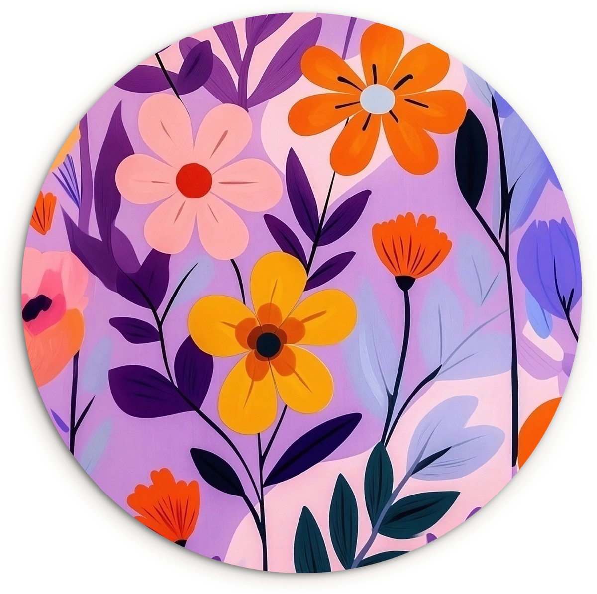 WallCircle Wandcirkel 140x140 cm - Muurcirkel Bloemen - Kleurrijk - Bladeren - Muurdecoratie woonkamer - Wanddecoratie slaapkamer - Kamer decoratie accessoires - Ronde schilderijen Bloemen - Bladeren
