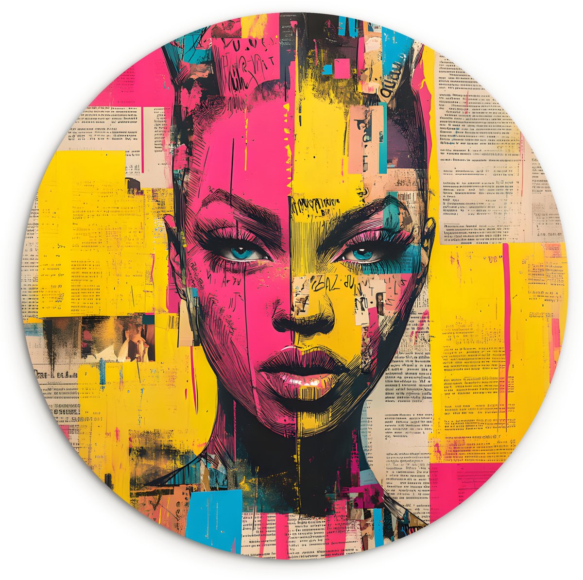 WallCircle Wandcirkel 60x60 cm - Muurcirkel Vrouwengezicht - Krantenpapier - Abstract - Roze - Muurdecoratie woonkamer - Wanddecoratie slaapkamer - Kamer decoratie accessoires - Ronde schilderijen