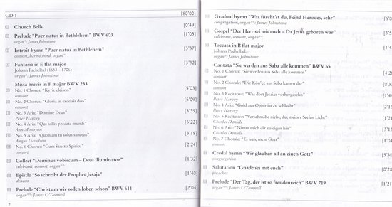 Tracklist met songtitels, componisten en uitvoerders voor Bach's Epiphany Mass.