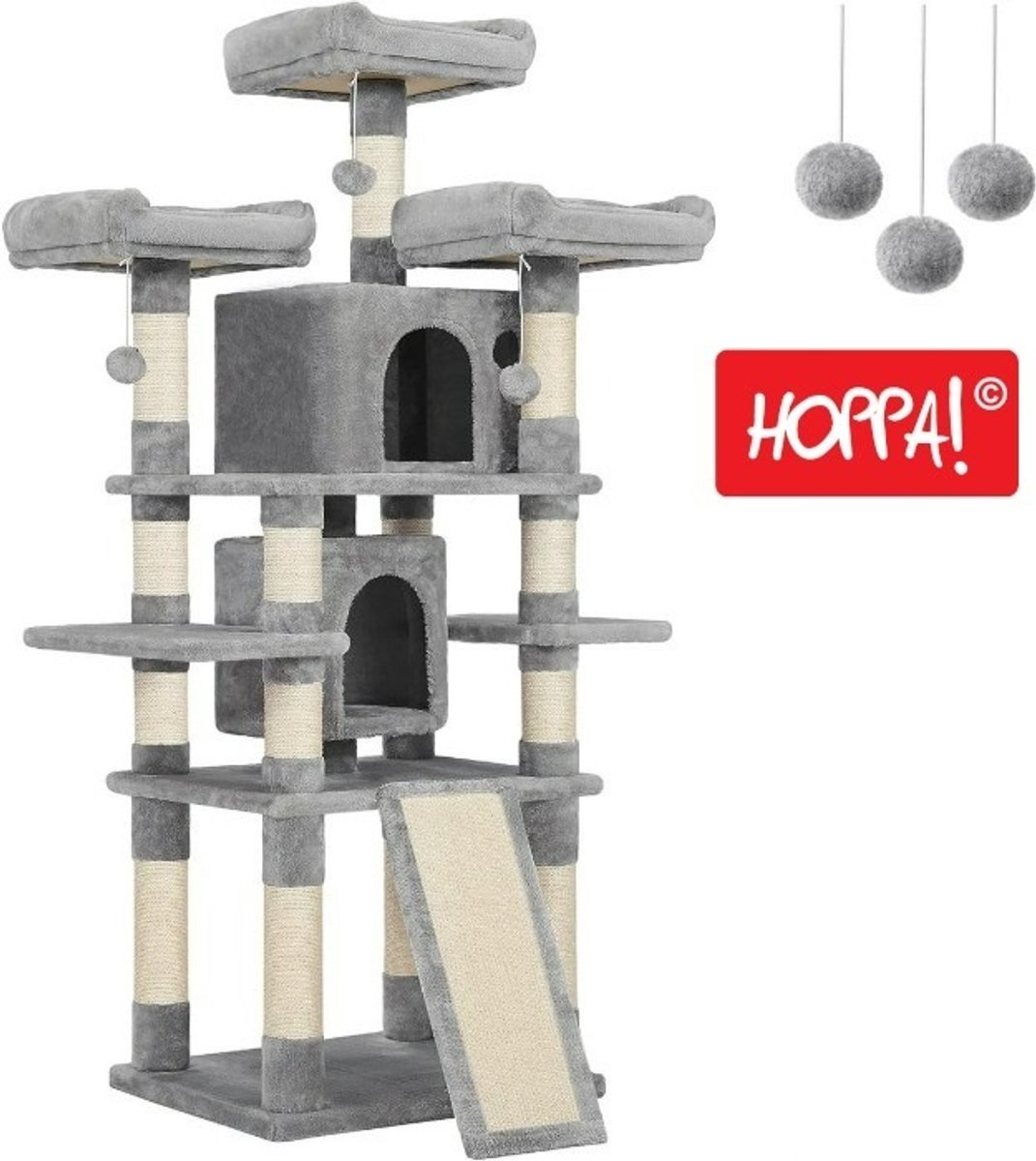Bol.com Hoppa! Grote Kattenboom | Lichtgrijs | Spaanplaat/Pluche/Sisal/Touw | 50 x 62 x 172 cm (B x D x H) aanbieding