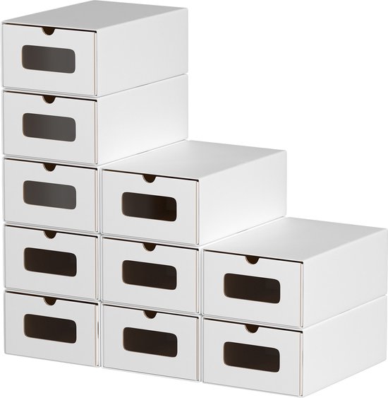 Boîte à chaussures 10x - avec fenêtre et tiroir - boîte à chaussures - commode boîte de rangement boîte en carton en papier kraft - boîte à jouets - empilable et universelle - blanc