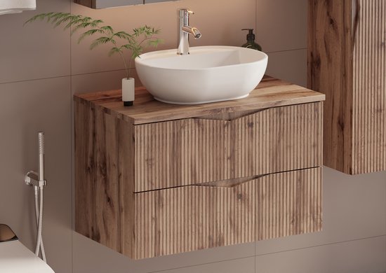 Meubel Square - Badkamermeubel set Morae 80cm - Eiken - Badmeubel met Waskom - Wastafelkast Zwevend