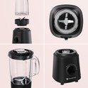 Vier afbeeldingen van een zwarte KitchenBrothers blender: de basis, de kan, de grinder en de motorbasis.