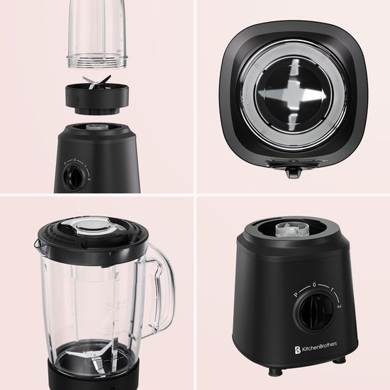 Vier afbeeldingen van een zwarte KitchenBrothers blender: de basis, de kan, de grinder en de motorbasis.