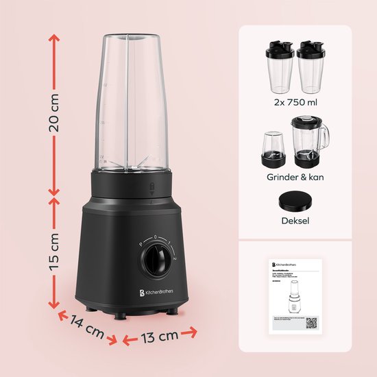 Zwarte KitchenBrothers blender met maatindicaties op de kan, 3 snelheden en inclusief accessoires. Afmetingen getoond.