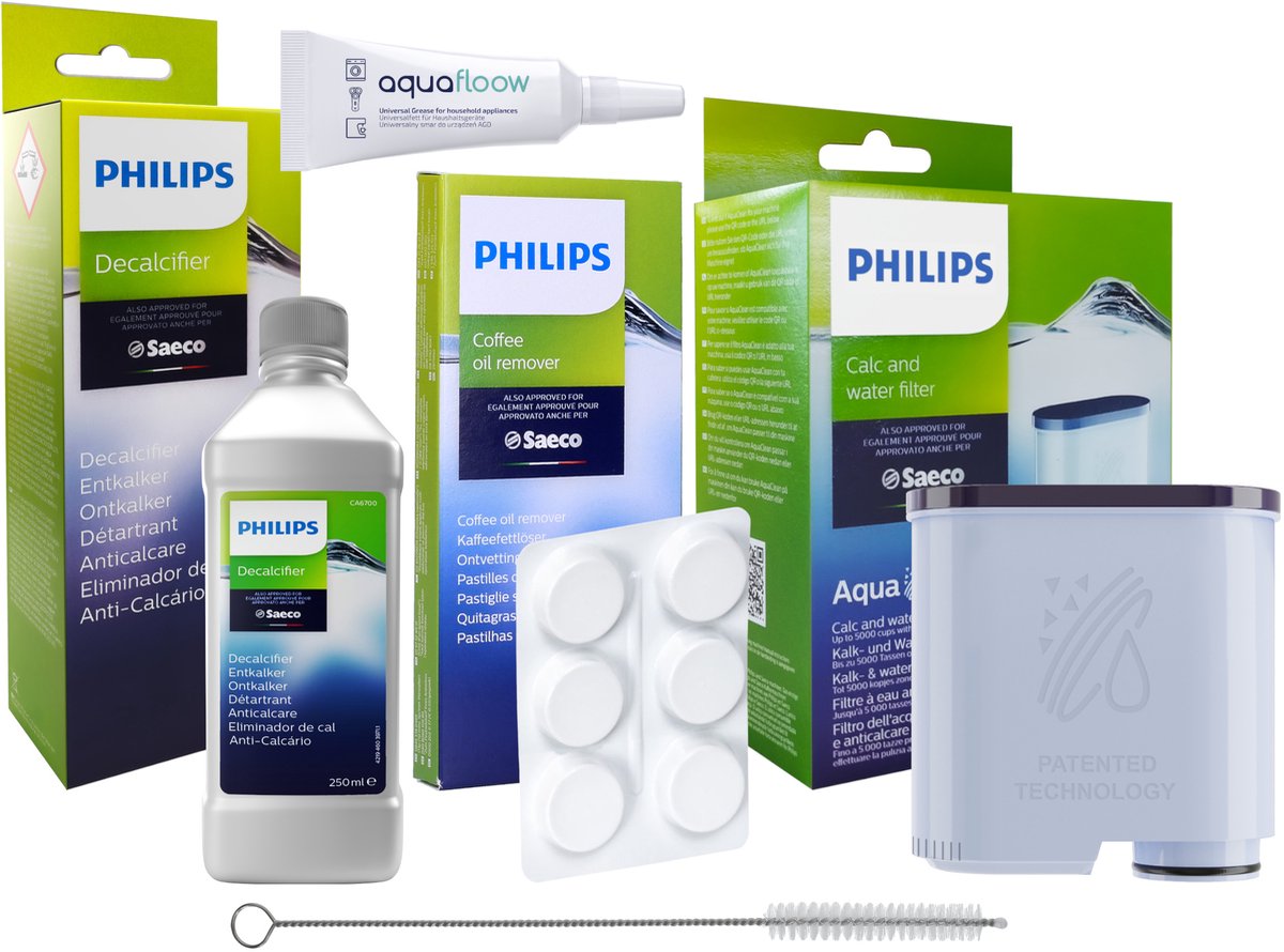 Philips / Aquafloow set voor koffiezetapparaten - 1x waterfilter voor espressomachines Philips CA6903 + 1x ontkalkingsmiddel Philips CA6700 - 250 ml - origineel - reinigingstabletten CA6704 Philips, 1x smeermiddel, 1x reinigingsborstel