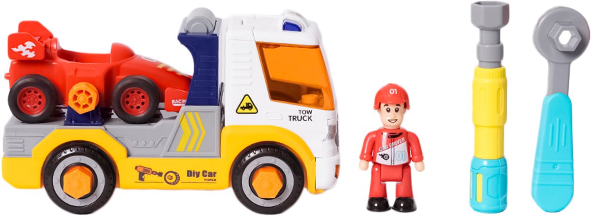 Speelgoedtopdeals - Demonteerbare Vrachtwagen met Raceauto - Educatief Speelgoed – DIY met schroevendraaier