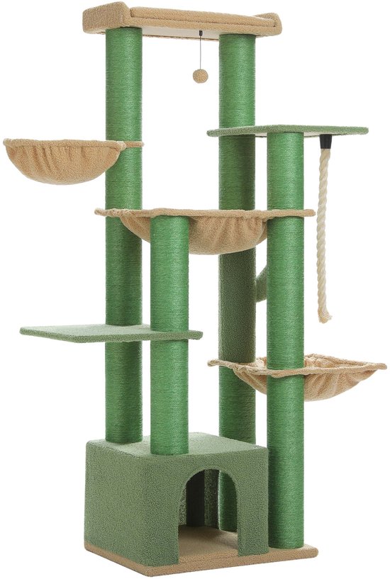 Arbre à chat avec une maison, plusieurs plateformes, paniers et poteaux en sisal verts et beiges.