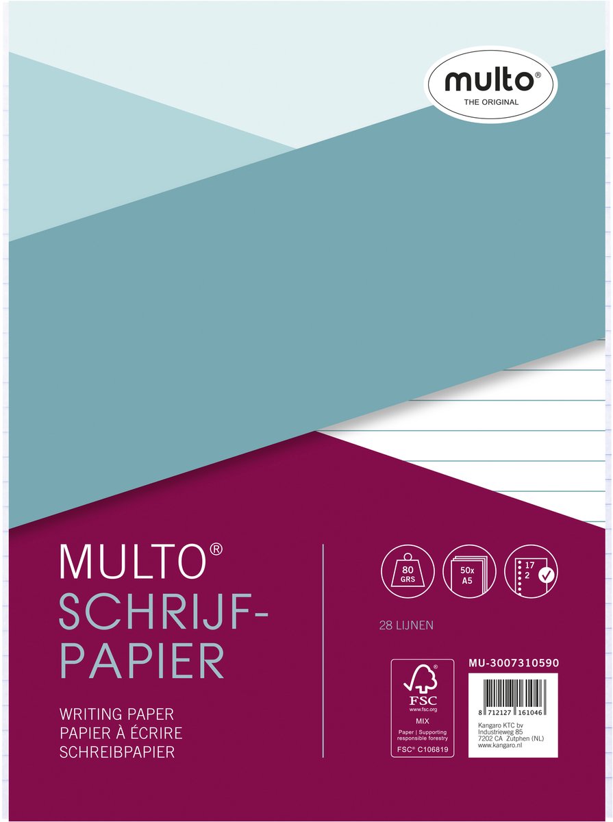 Multo ringbandinterieur met lijnen - A5 - 17-rings - 80 grams - 50 vel - MU-3007310590