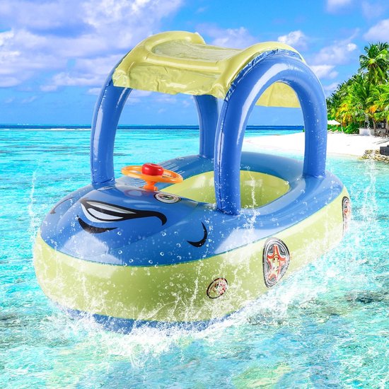 Auto Boot Zwembad met Zonnescherm Baby Zwemring Peuter Zwemband + Luifel Opblaasbaar Boot Luchtbed Zwemmen Strand Speelgoed Vlotter Veiligheid & Plezier Water Spelen Kinderen Zon Bescherming Waterpret Zee Vakantie Duurzaam Stevig Materiaal TOP Cadeau