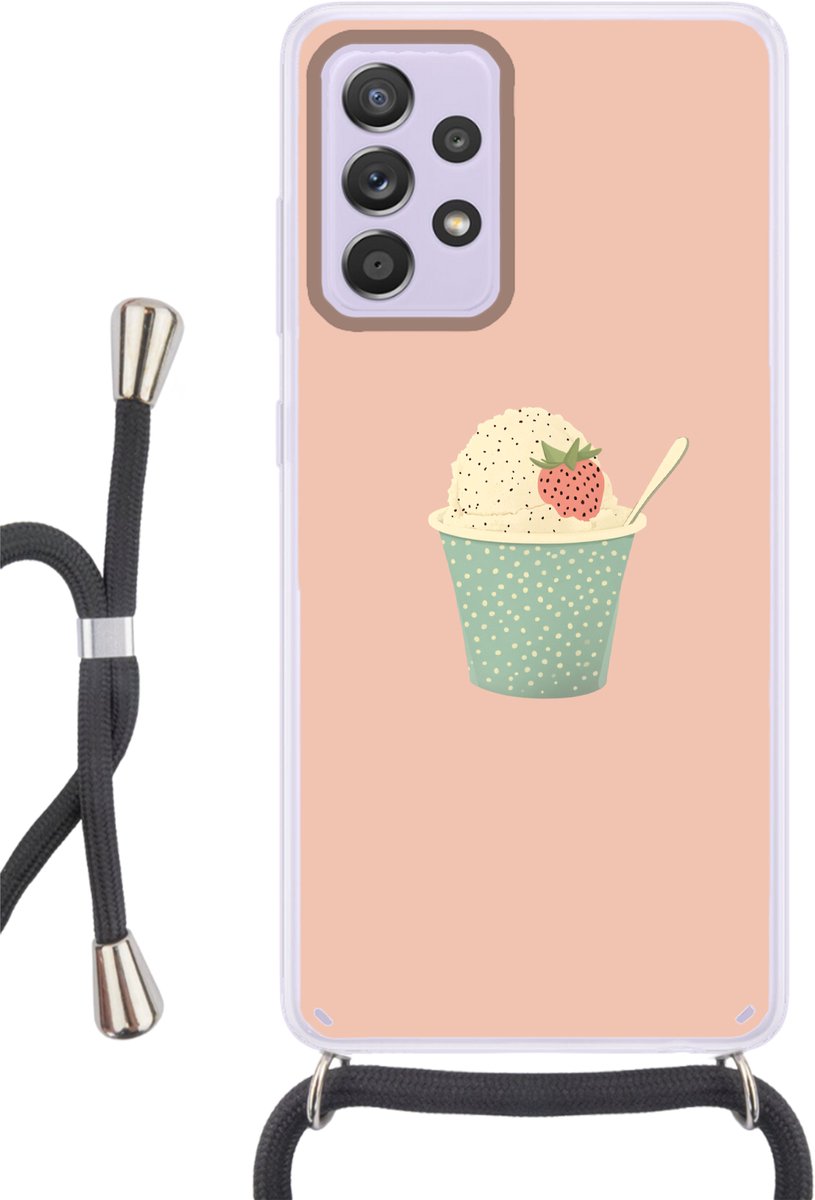 Telefoonhoesje Geschikt voor Samsung Galaxy A53 5G - Bakje - Ijs - Aardbei - Roze - Siliconen - Crossbody - Backcover met Koord - Telefoonhoesje met koord - Hoesje met touw Telefoonhoesje