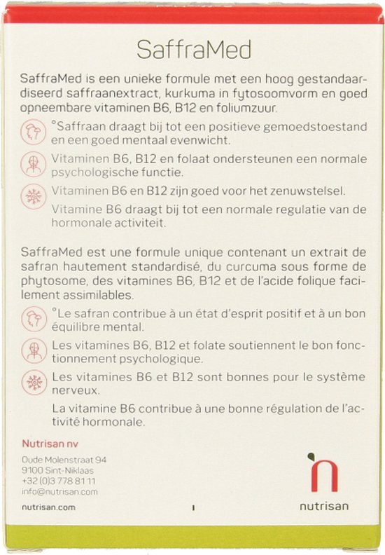 Achterkant van de verpakking met productinformatie en adres.