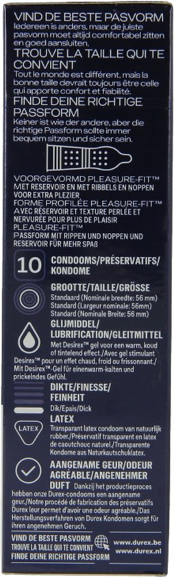 Zij-aanzicht van een Durex Orgasm Intense condoomdoosje met informatie over grootte en eigenschappen.