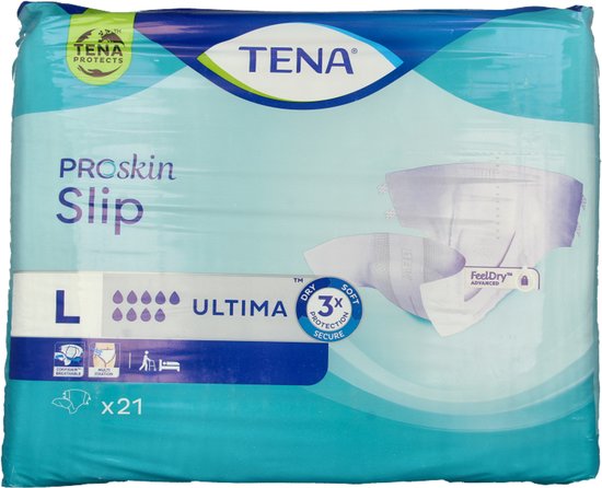 Verpakking van TENA ProSkin Slip L, 21 stuks. Duidelijke TENA logo's en productaanduiding.
