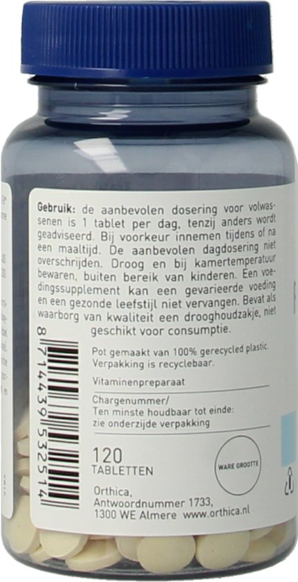 Achterkant van een doorzichtige pot Orthica Magnesium-400 met blauwe dop. Zichtbare witte tabletten binnenin. Tekst met gebruiksaanwijzing en ingrediënten.