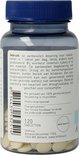 Achterkant van een doorzichtige pot Orthica Magnesium-400 met blauwe dop. Zichtbare witte tabletten binnenin. Tekst met gebruiksaanwijzing en ingrediënten.