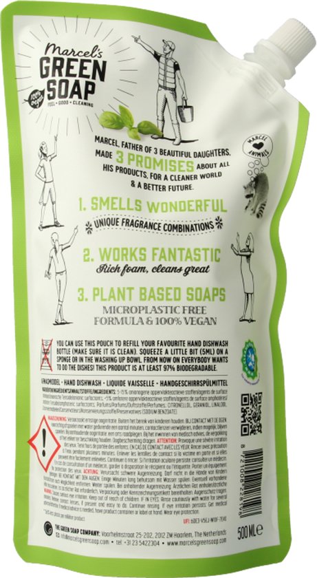 Zak met Marcel's Green Soap afwasmiddel, met tekeningen van mannen en drie beloftes: 'Smells Wonderful', 'Works Fantastic', 'Plant Based Soaps'.