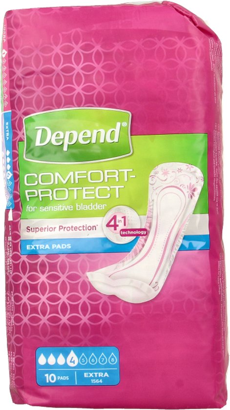 Depend Comfort-Protect pads voor gevoelige blaas, extra pads. Roze verpakking met cirkelpatroon.
